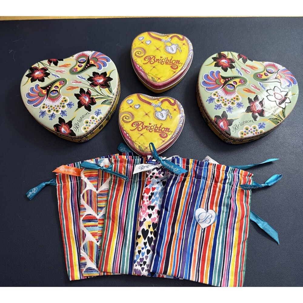 Brighton 4 Metal Tins Heart Shaped & 5 Jewelry Bags Gift Boxes Empty #6-Lot of 9
